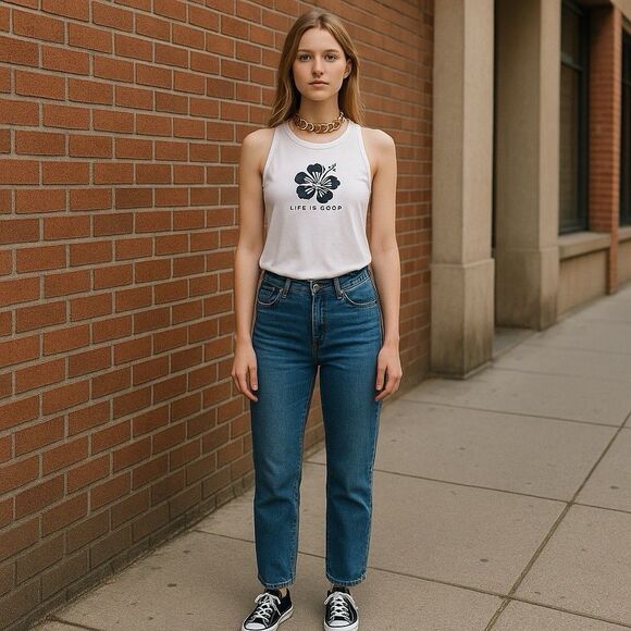 Life Is Good Shirt Womens Sz Med  White Floral Flower Graphic Tee Tank Summer - Picture 1 of 12